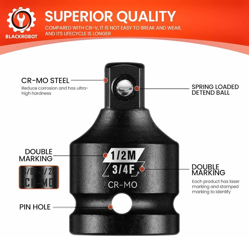 BLACKROBOT 3/4”F To 1/2”M Impact Socket Adapter, Cr-Mo Steel Exceeds ANSI Standards, Square Drive Reducer for Impact Driver Wrench - Image 4